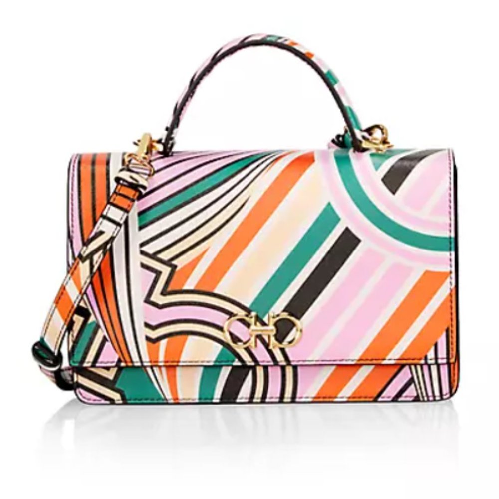 FERRAGAMO Striped Leather Top Handle Crossbody Bag Multi